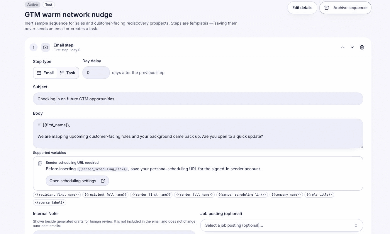 The outreach sequence builder in Yardstick: an email step with a day delay, subject line, body with template variables like recipient first name, and an internal note field shown beside generated drafts for human review.