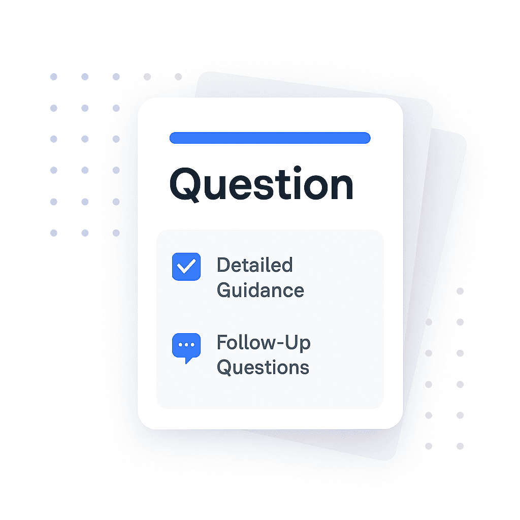 An image of stack of interview questions with guidance to go along with each question.
